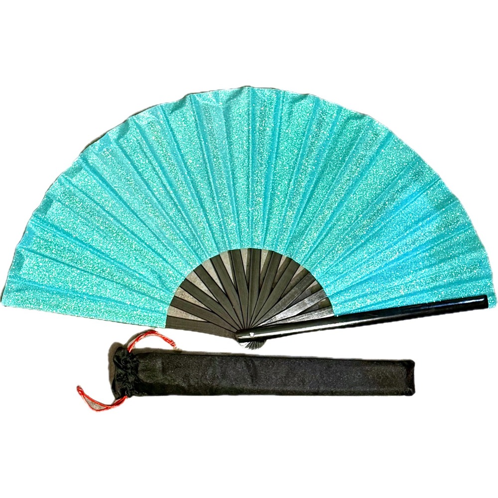 NWT Large Folding Hand Fan 13" Glitter Blue Rave Festival Dance Costume